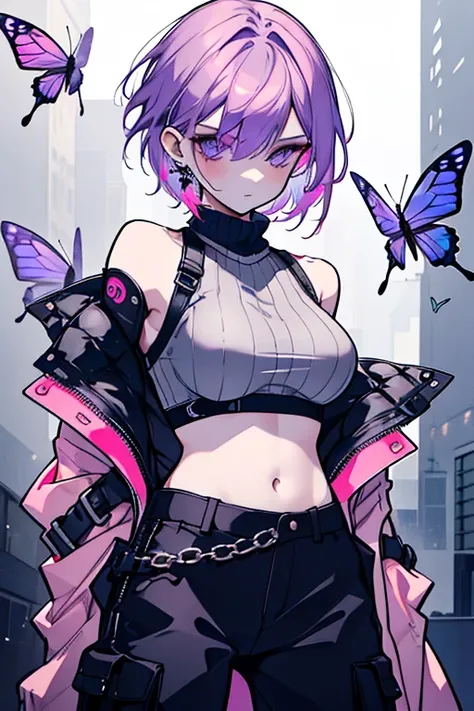 1 girl、Mature、Ample breasts、Very Short Hair、Earrings、Long eyelashes、Neutral facial features、cool、Navy, purple and pink hair、cool、Sleeveless、turtleneck、Lace fabric、Lace-up、Cargo pants、Belly button、Punk Fashion、Sniper、Pointing a Gun、Night view、Butterfly Tatt...