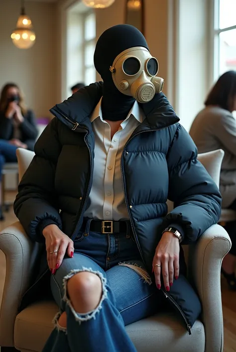 Side view of Head and hair completely hidden, ears and face by beige gas mask with 2 dark lenses, gas mask attached to air tank beside her by flexible breathing tube (hose), with no face, hair covered by the mask and black balaclava under gas mask, pale wh...