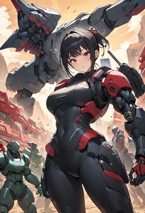 Anime Style, (Best Quality), Oriental detailed background, Science fiction mechanical arm,Girls and guys , war, Monster Army, Techwear,, uniform