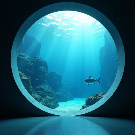 Huge aquarium with a cross section of the deep sea, round transparent large acrylic window, perspective