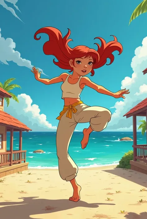 screenshot of 2013 animated series depicting a girl who looks like Connie Maheswaran, has red hair, tan skin, top, long pants, barefoot, learning capoeira, in Beach City, character designed by Rebecca Sugar who made Steven Universe, full action shot.