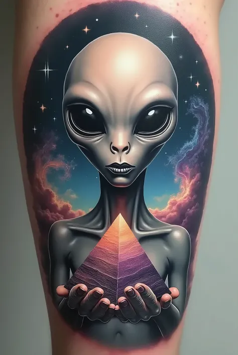 I&#39;m a tattoo artist. I want an art &quot;to put on an arm&quot; in the image I want the head of a gray alien in the foreground holding a pyramid underneath and in the background a galaxy.