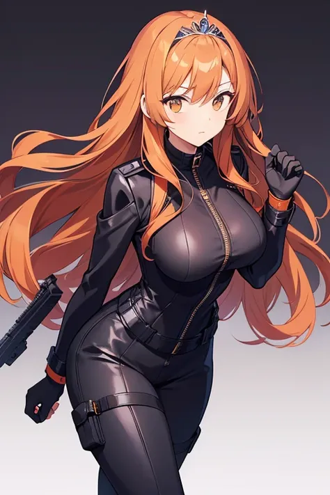 A beautiful woman with wavy orange hair who is dressed in a tight black suit that has a zipper in the front, that has a steel belt with compartments, a pair of black boots and is armed with 2 pistols and has a beauty queen tiara on her head