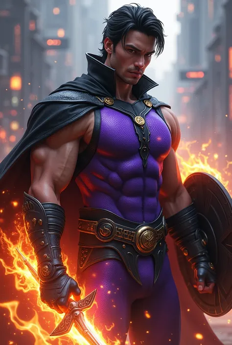 Full body photorealistic handsome hunky masculine futuristic male hero with black hair wearing a Violet micro scale textured costume.with leather cape., with black fire wolf print on the front on chest,,,, and wristbands that  manipulate energy , his body ...