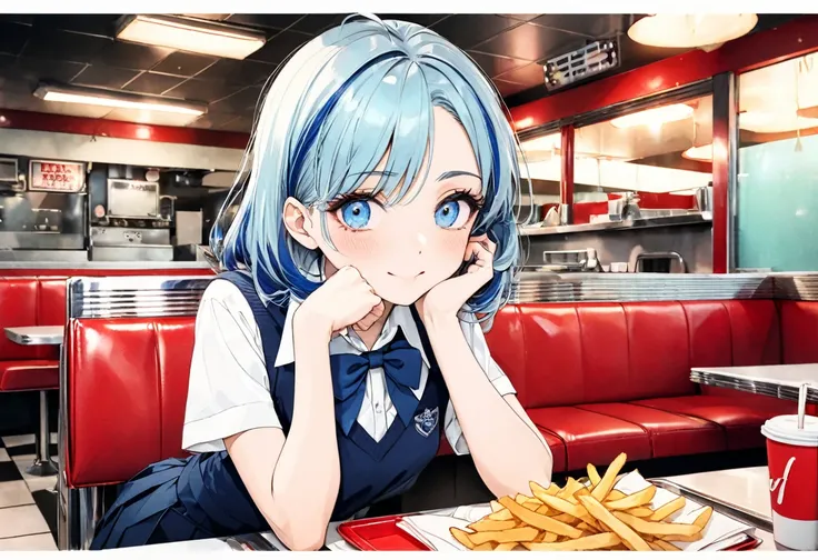 (((beautiful detailed)))(cute face:1.2)1girl, a girl stuffing her face with french fries, girl laughing while eating a pile of f...