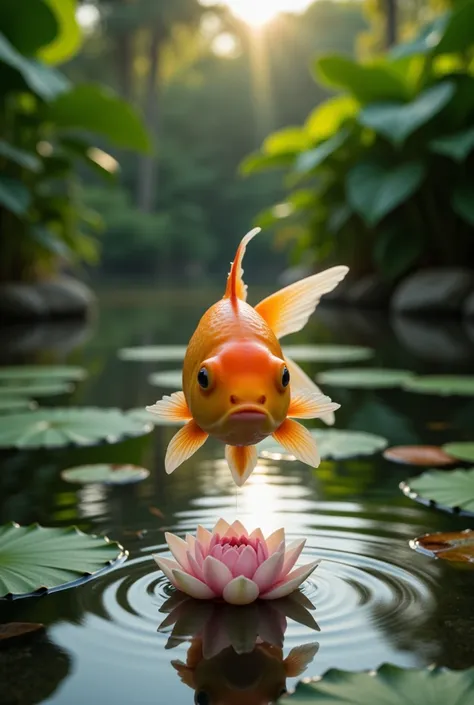 a goldfish in a pond swimming near a lotus flower