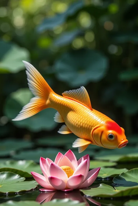 a goldfish in a pond swimming near a lotus flower