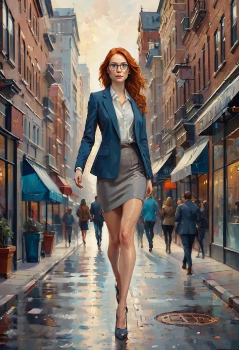 (sexy, confident),Walking city sidewalk, on her way to work.(rule of thirds),((ultra realistic illustration:1.2)), Tall, slender ((redhead)) woman of Irish descent. (pale:1.3)complexion. blue eyes, cute butt, nice legs. Kind eyes, cute smile. Eyeglasses, M...