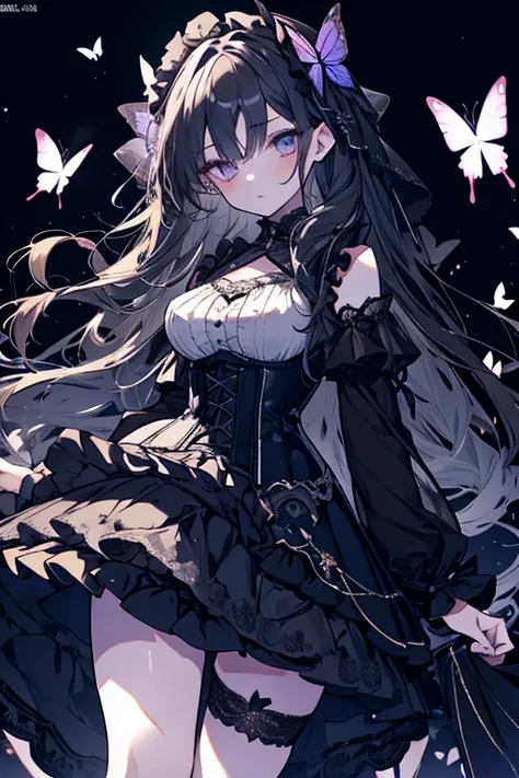 1 girl、Mature、Ample breasts、Long Hair、Long eyelashes、cute、Gothic、Lace fabric、Shoulder Bare、dress、Frills、Lace-up、corset、Belly button、Miniskirt、garter、黒いdress、watermark、Butterfly Tattoo、Night view、Beautiful Faces、Delicate、High resolution