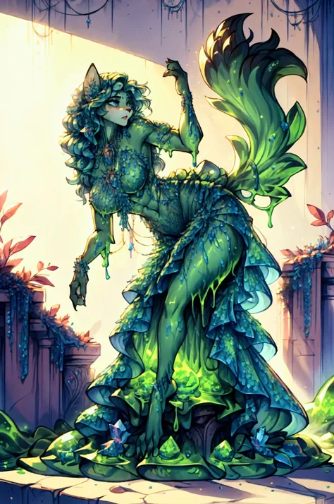 (anthropomorphic fox slime girl) with blue crystals coming out of her skin picking up more crystals. Fantasy ancient civilization background, Gross green colored slime, Sexy, muscular, well-toned abs, long flowery regal hairstyle, sharp claws, tattered reg...