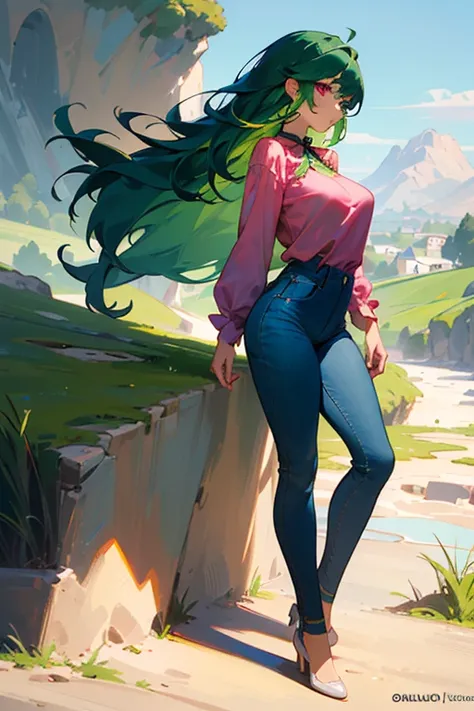 ((The best quality)), ((Masterpiece)), (detailed),(4k) 1 girl, (skinny blue jeans), ((red neckline blouse)),((green hair)), ((cabello detailed)), (pink eyes),(looking at the viewer), ((BIG BREASTS)),(full body),(profile view), (beautiful landscape), ((2))