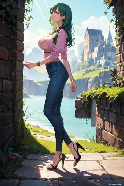 ((The best quality)), ((Masterpiece)), (detailed),(4k) 1 girl, (skinny blue jeans), ((red neckline blouse)),((green hair)), ((cabello detailed)), (pink eyes),(looking at the viewer), ((BIG BREASTS)),(full body),(profile view), (beautiful landscape), ((2))