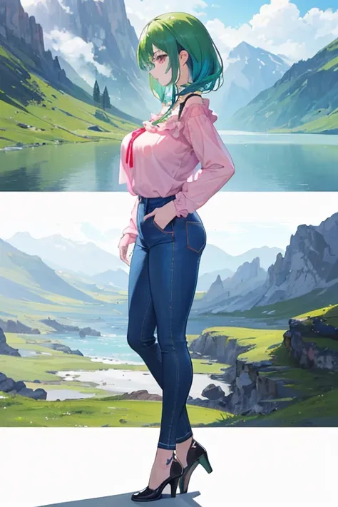 ((The best quality)), ((Masterpiece)), (detailed),(4k) 1 girl, (skinny blue jeans), ((red neckline blouse)),((green hair)), ((cabello detailed)), (pink eyes),(looking at the viewer), ((BIG BREASTS)),(full body),(profile view), (beautiful landscape), ((2))