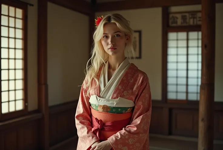 young adult lady. blonde young geisha. no fat. european girl. small tits. perfect small young normal nipples.  very first time for her like shibari bunny. skinny. symetrical face. perfect body.  long legs. realistic traditional kimono. shibari dojo. old ja...