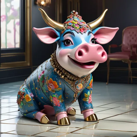 a highly detailed, vibrant 3D render in the luxurious style of Gucci, featuring a cow and a pig, both adorned in colorful, intricately patterned leather clothing, showcasing a playful, exaggerated smile, with the cow boasting small, delicate horns, and the...