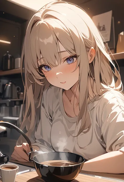 Anime Style, masterpiece, Best Quality, 8k, 1girl, Alone, Brewing coffee every morning、It&#39;s a relaxing start to my day.