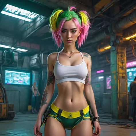 Woman, realistic character, green hair with pink locks, blue eyes,yellow thong under her lifting skirt, alone, modern, cyberpunk, nuclear war
