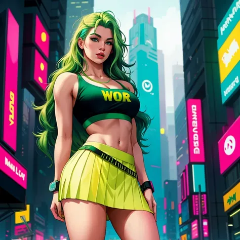 Woman, realistic character, green hair with pink locks, blue eyes,yellow thong under her lifting skirt, alone, modern, cyberpunk