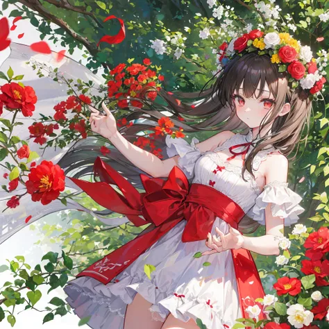 There is a girl wearing a red and white dress holding a bouquet of flowers, Girl in the flowers, Picking flowers, Holding flowers, Pick a flower, 站在Girl in the flower field, 站在Girl in the flower field, Flowers on cheeks, Girl in the flower field, Girl in t...