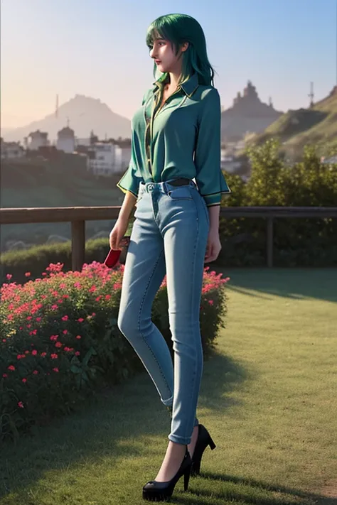 ((The best quality)), ((Masterpiece)), (detailed),(4k) 1 girl, (skinny blue jeans), ((red neckline blouse)),((green hair)), ((cabello detailed)), (pink eyes),(looking at the viewer), ((BIG BREASTS)),(full body),(profile view), (beautiful landscape), ((2))