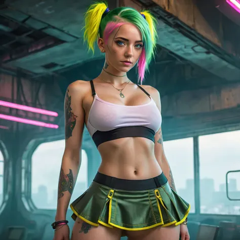 Woman, realistic character, green hair with pink locks, blue eyes,yellow thong under her lifting skirt, alone, modern, cyberpunk, nuclear war
