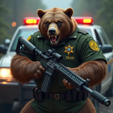 angry and furious grizzly bear, in a green uniform of a special forces officer &quot;SEB&quot; with a uniform helmet on his head, with chevron &quot;sheriff&quot;, clutching an AR-15 carbine in his paws , photorealism, full-HD, in front of a Sheriff offici...