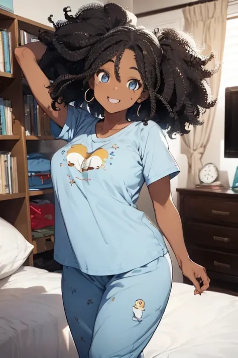 1 female, afro hair, black afro hair black girl afro hair, darker skin, brown skin, huge breast, thick legs, light blue eyes, pajamas, pajamas t-shirt, pajamas jean, PJ, boots, home, bedroom, happy face, sexy pose, dancing, singing

