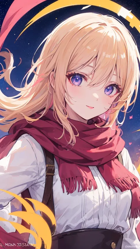 1 Girl, Ahog, Bangs, blond, Blow a Kiss, Blue Eyes, blue scarf, brown scarf, Lysis, Shut up, eyelash, Face, Flowing hair, Hair between eyes, Heart, Lips, Lipstick, Long hair, Looking at the audience, cosmetic, night Sky, nose, Close one eye, orange scarf, ...