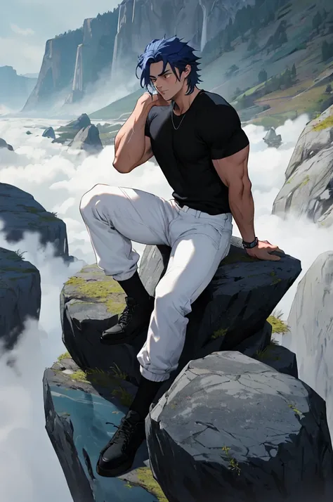 A muscular man with medium length, dark, blue hair sits ontop of a rock with a face that shows him being deep in thought. He is onna baron landscape with a red fog sureounding him. He wears a tight black t shirt and a baggy pair of white pants
