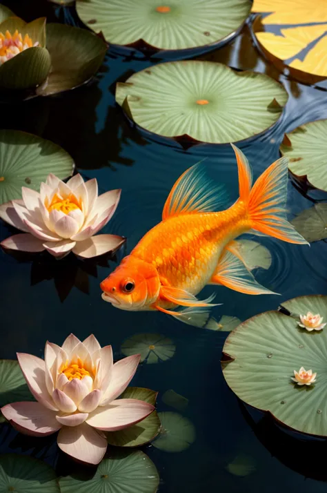 a goldfish in the pond swimming near a lotus flower, underwater picture