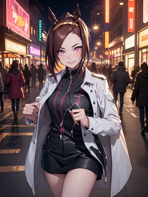 (​masterpiece、top-quality、hight resolution、Unity 8k、extremely details CG:1,Best Picture), horse ears, horse girl, ((Coat over naked)), lingerie set, A bustling nightlife district with bright neon signs and colorful storefronts. In front of a sex establishm...