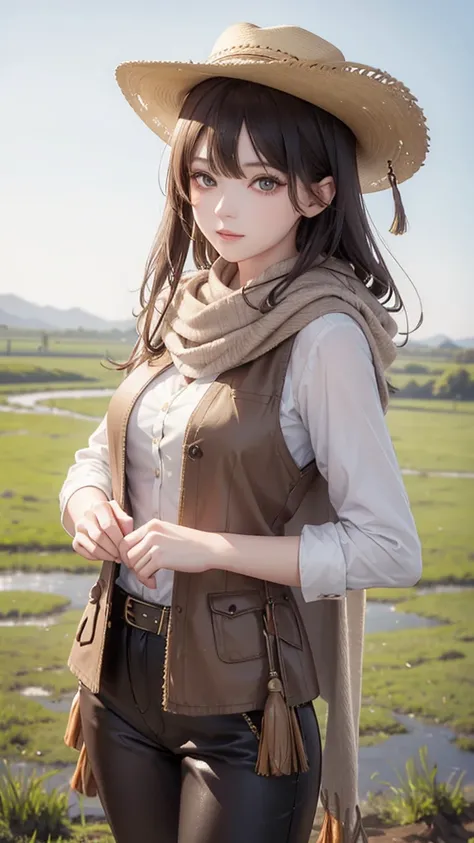 Portrait of a beautiful woman in a muddy farm:1.2 , Cowboy hat, Tassel vest , Pants, scarf , confidence , Medium breasts,