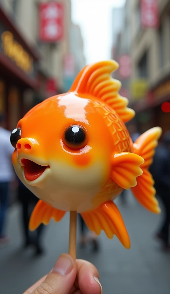 a cake baked in a form on a stick in the shape of a goldfish, street food