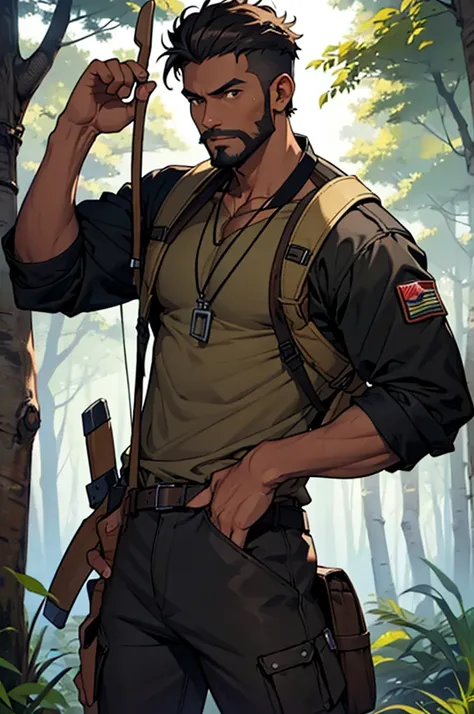 Male character approximately 30 years old, dark brown skin leaning towards black, descendant of Indians and Africans, with an athletic physical type, brown eyes, Curly Hair Cut/rolled up/short wavy in black color, short black beard, wears brown mechanic st...