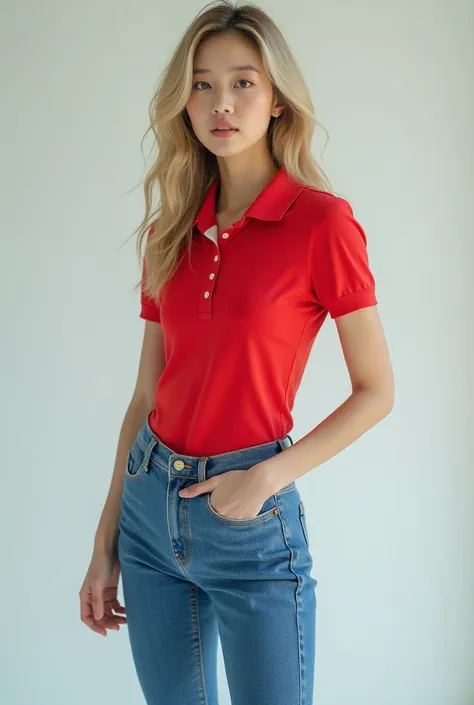 8k HD resolution. Full body from head to toe. Standing in a full height from head to toe. IU wearing a sexy tight red tennis polo shirt, blue tight skinny jeans. Wavy body. Blonde hair. Full body from head to toe. Full height. 