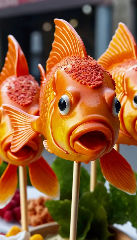 a goldfish-shaped cake on a stick, detailed, luscious icing, vibrant colors, baked surface, intricate details, realistic, photorealistic, 4k, high quality, detailed textures, food photography, delicious, tempting, appetizing, mouthwatering, street food, ou...