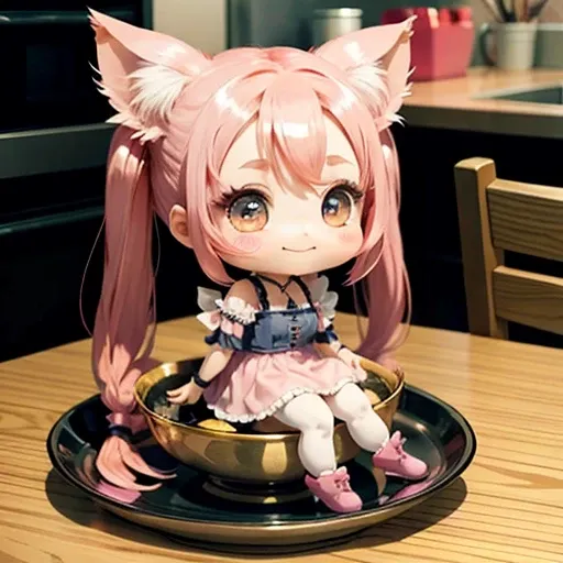 Cute chibi anime sitting on a plate, long pink hair with twin tails、I have cat ears、Wear a blue mini dress, Smiling, Logo is cheap