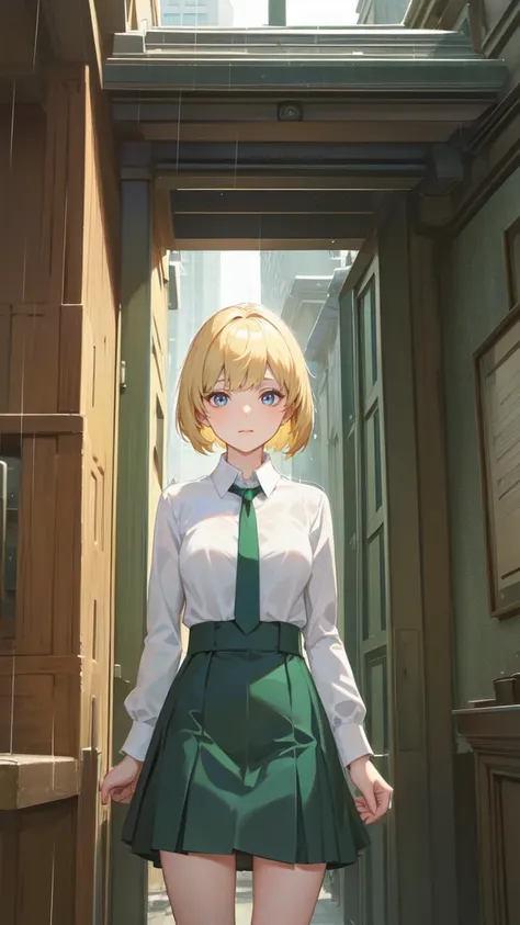 1 Girl, blond, Short hair, Blue Eyes, White shirt, Green tie, Green Skirt, City, rain, Detailed background black stockings