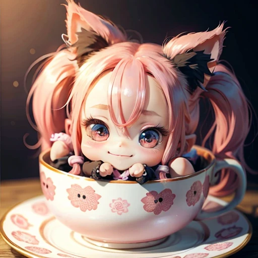 Cute chibi anime sitting on a plate, long pink hair with twin tails、I have cat ears、Wear a blue mini dress, Smiling, Logo is cheap