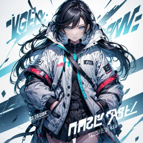 (Tabletop:1.2, Best Quality),  [One Girl, Expressionless, Turquoise Eyes, Black Hair, Half Short Cut,White jacket,The jacket comes off, ,Upper Body]  (Gray white background:1.2),