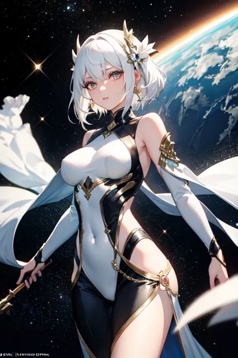 A female deity in sci Fi art where she is the embodiment of light she has white hair and white eyes and the background is in space 