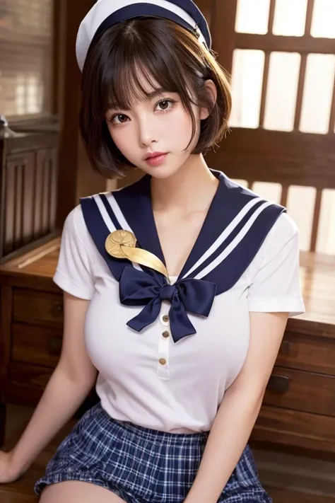 One girl, chest, 大きなchest、Big Breasts、Glamorous body、Short Hair、Sailor suit、Sexy lips