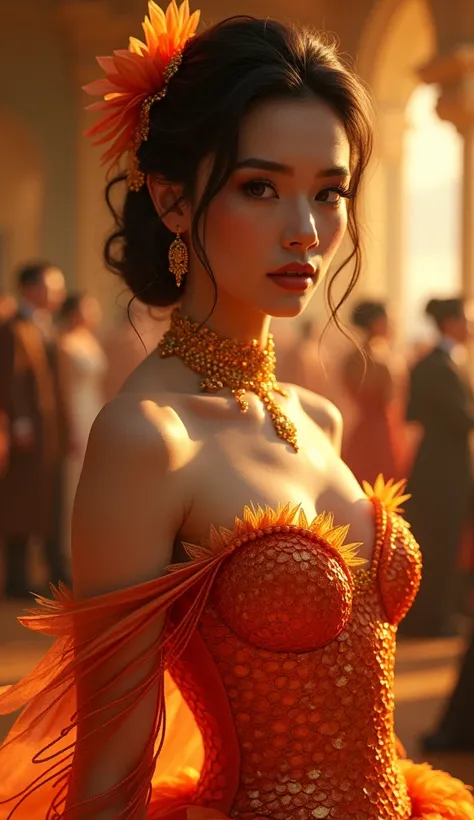 realistic,costume ball,woman in goldfish costume dress,long dress that emulate goldfish skin,full body shot,beautiful detailed eyes,beautiful detailed lips,extremely detailed eyes and face,long eyelashes,cinematic lighting,dramatic lighting,vivid colors,vi...