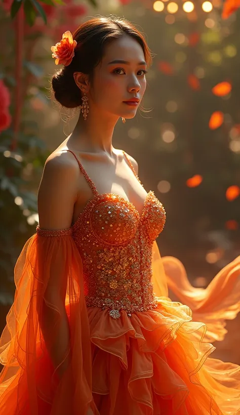 realistic, full body shot, costume ball,woman in goldfish costume dress, very long dress that emulate goldfish skin,full body shot,beautiful detailed eyes,beautiful detailed lips,extremely detailed eyes and face,long eyelashes,cinematic lighting,dramatic l...