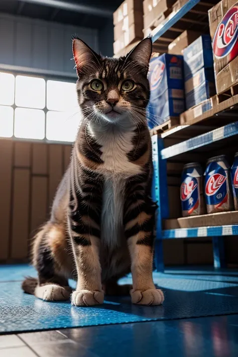 An angry cat, with kittens are growling, pepsi-cola cans, warehouse, property, photorealistic, highly detailed, 8k, realistic, photo-realistic, physically-based rendering, extreme detail description, professional, vivid colors