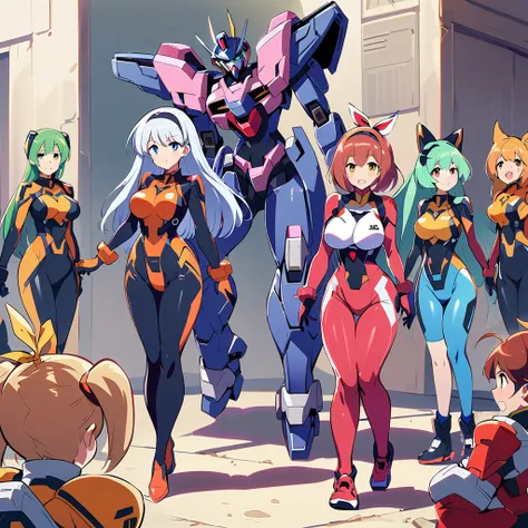 super mecha series, mecha bodysuits, girls surrounding, multiple girls, curvy body