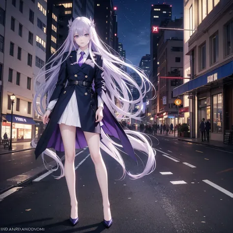 Anime girl with long hair and blue eyes standing on the city street, Popular content on artstation pixiv, Purple Eyes, Blue tie, Beautiful (Detailed eyes, Delicate face,) Aheiyan, Yuradev, Noble temperament, High heel, No watermark