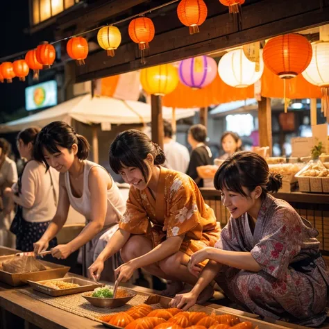 2 girls, Japanese summer festival, Goldfish scooping, woman in a yukata squatting down to scoop up goldfish, A woman wearing slightly Open-chested yukata, Neat bangs, Rough chignon hairstyle, happy smile, Sounds fun!, Goldfish jumping off a Poi, Japanese s...