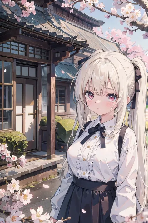 high resolution, masterpiece, Best quality, Long hair, blond, Twin ponytails, White hair, Big breasts(d), Crying under the cherry blossom tree