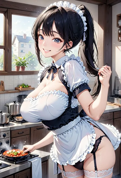 thin、cute、One Woman、smile、(maid clothes,garter belt )、Large Breasts、Small Butt、Long Black Hair、High resolution, Anatomically correct, Best Quality, Ultra high definition, Textured skin,kitchen、Cooking、High resolution eyes、ponytail、